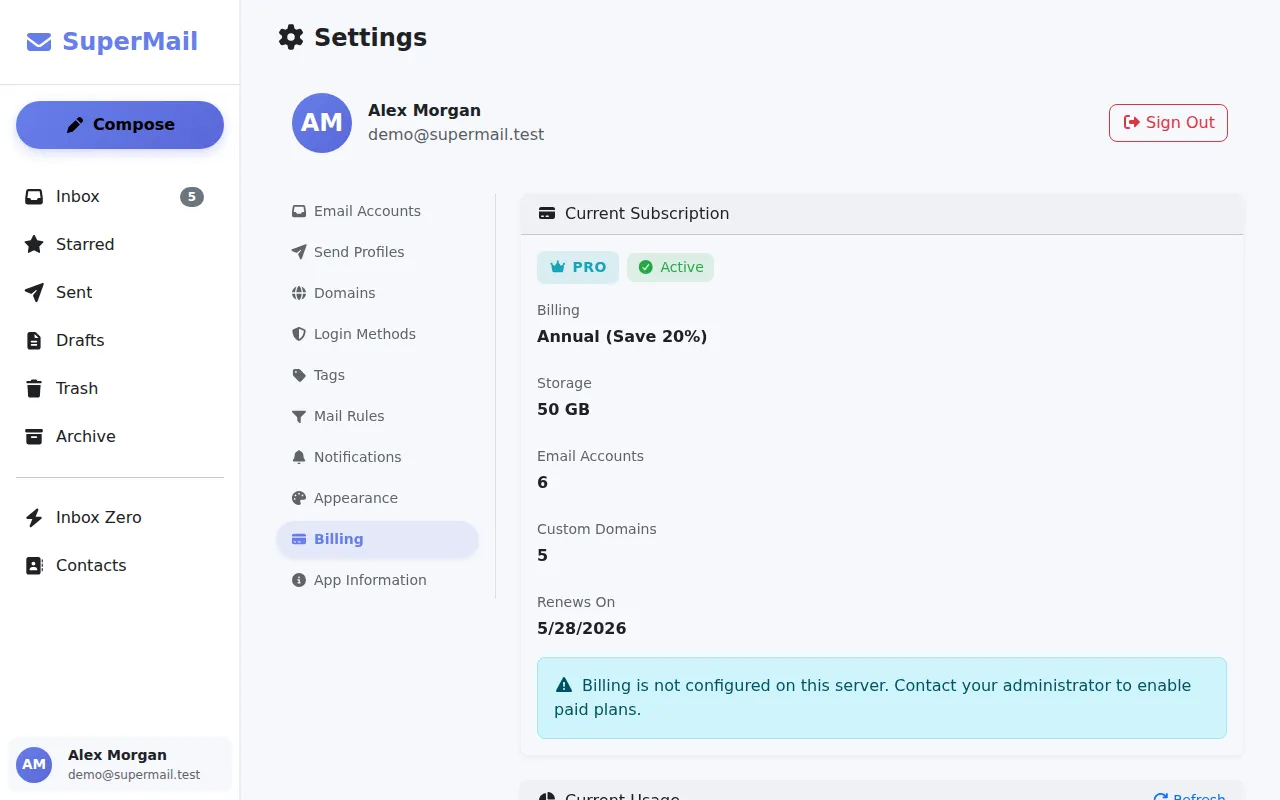Billing and storage usage screen for a SuperMail account