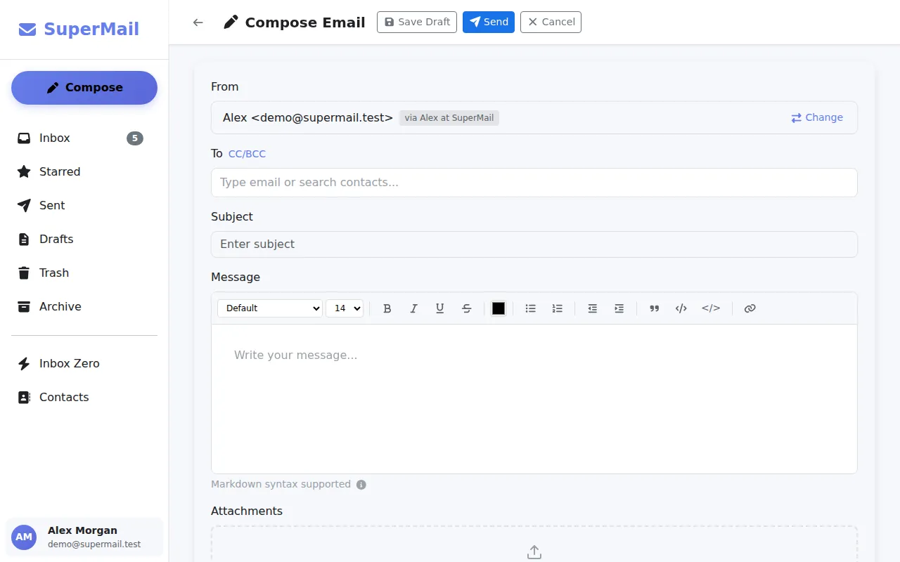 SuperMail compose screen with sender profile controls