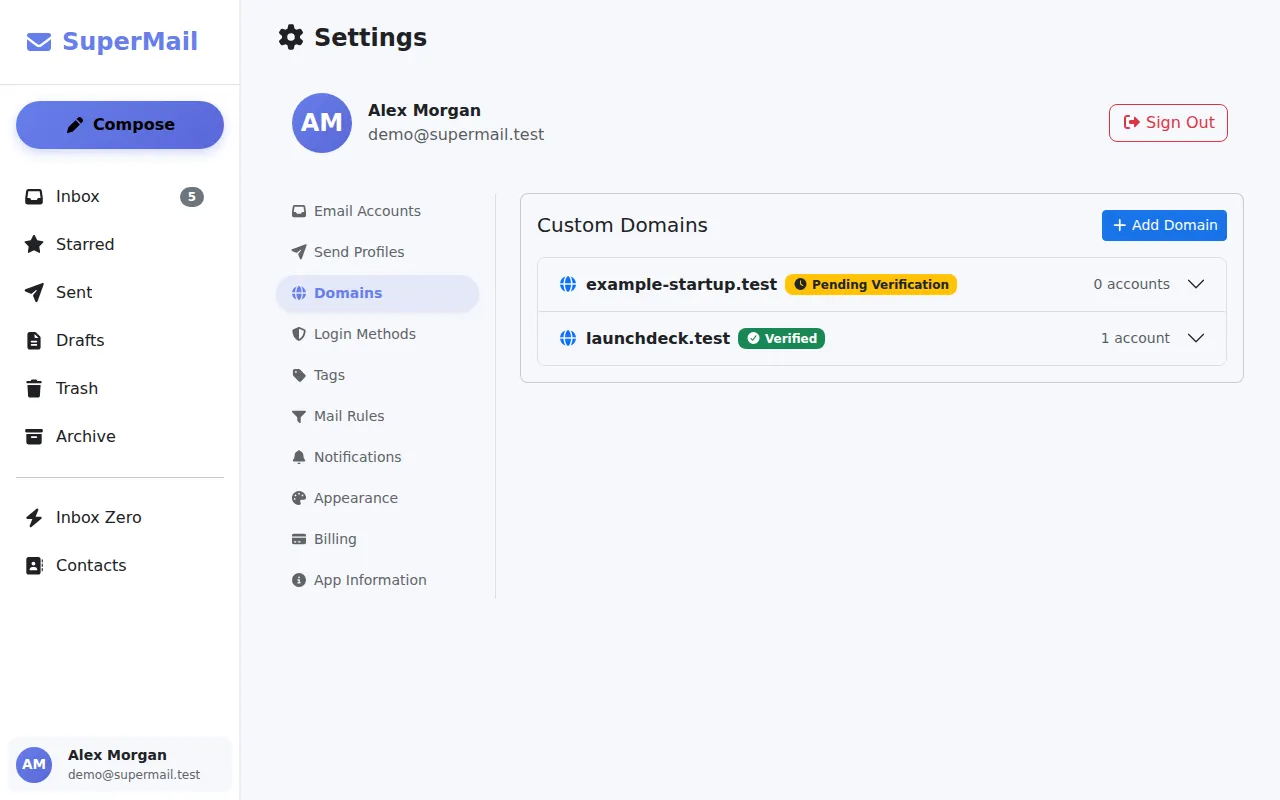 Custom domain settings with verified and pending domains