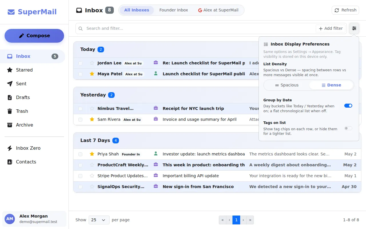 SuperMail inbox showing prioritized messages, tags, and account filters