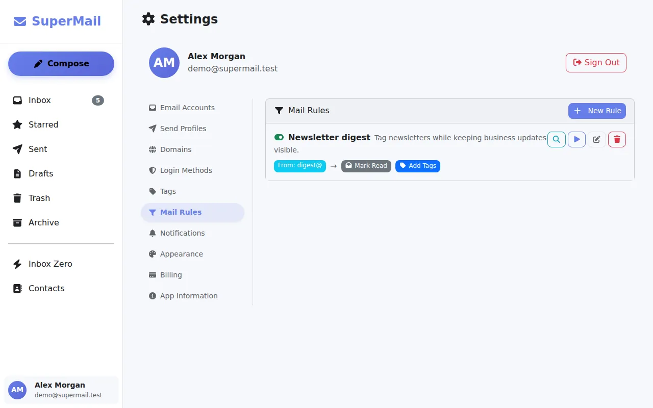Mail rules builder with filtering and automated actions