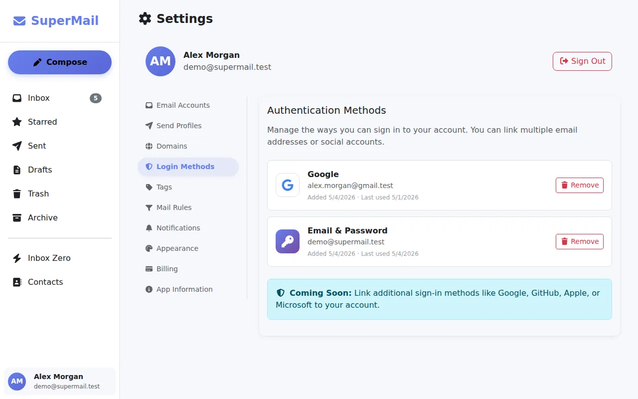 SuperMail authentication settings screen